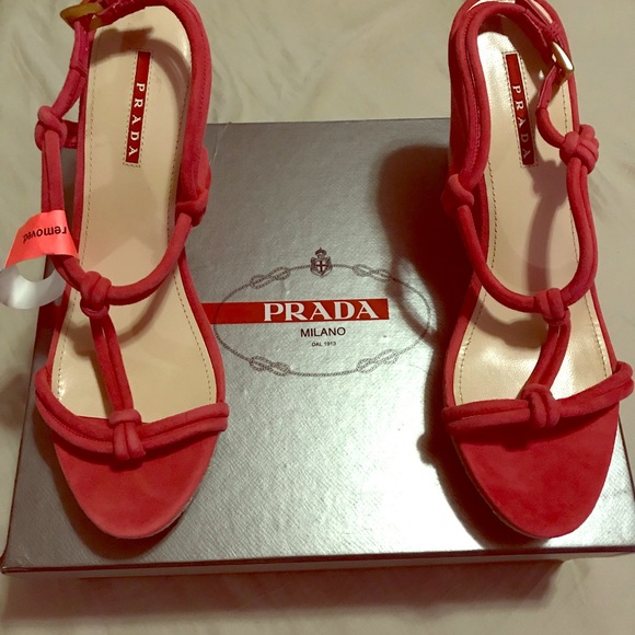 PRADA - CORAL SUEDE LEATHER WOVEN ROPE PLATFORM - Picture 1 of 3